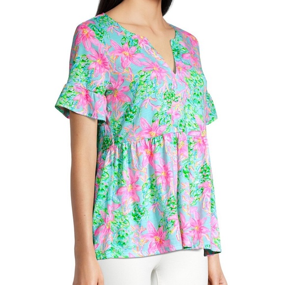 Lilly Pulitzer Jodee Ruffle Sleeve Swing Floral Top - Surf Blue So Shellegant - Picture 10 of 15